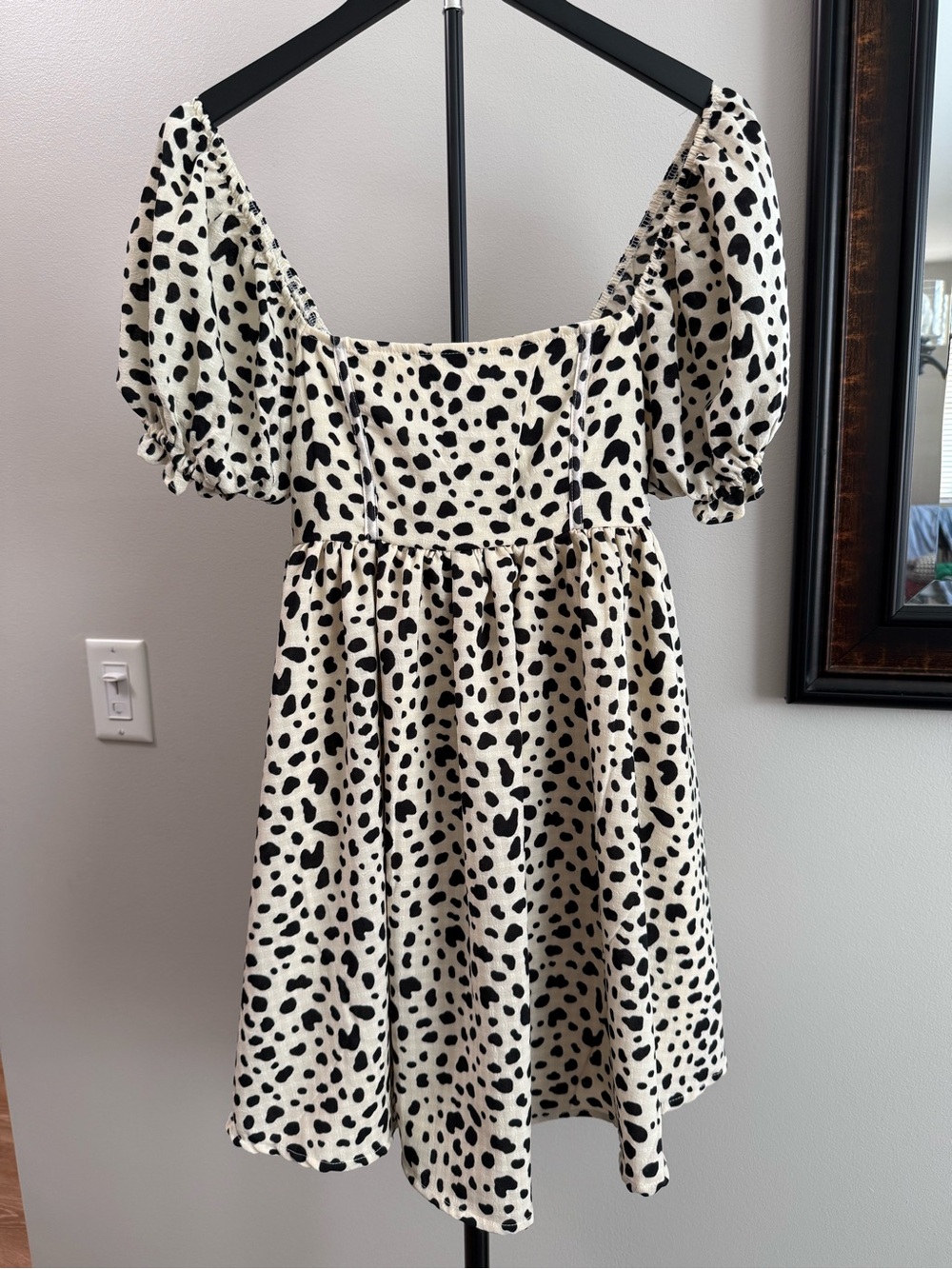 Altar'd State Black and Cream Dalmatian-Print Puff Sleeve Dress